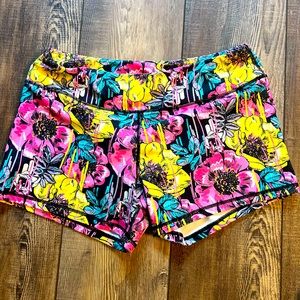 Born primative pink and yellow hibiscus shorts